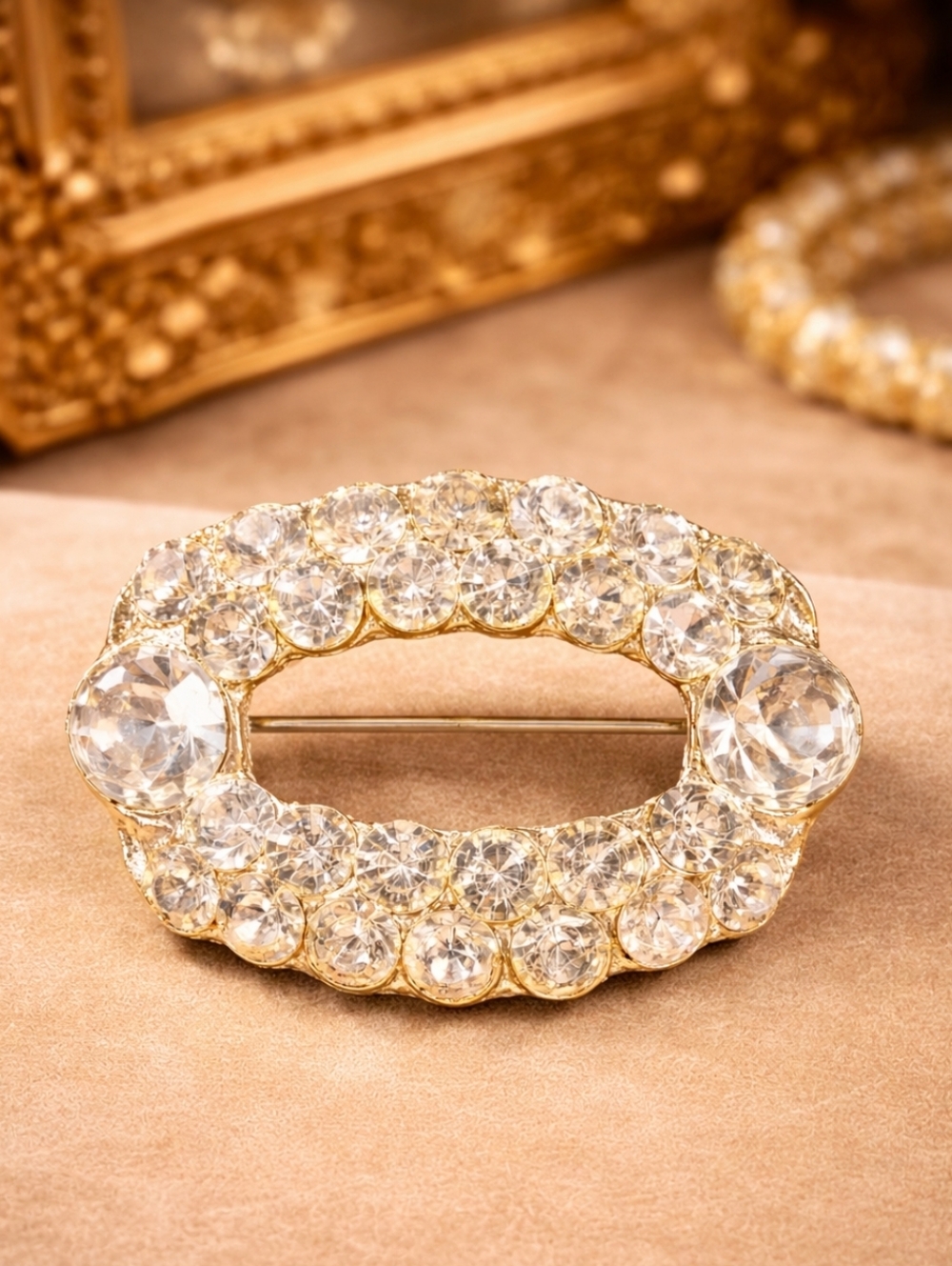 Vintage Gold and Clear Crystal Oval Brooch